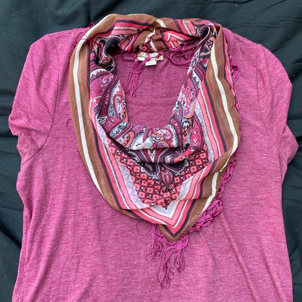 World Unity knit shirt and fringe scarf